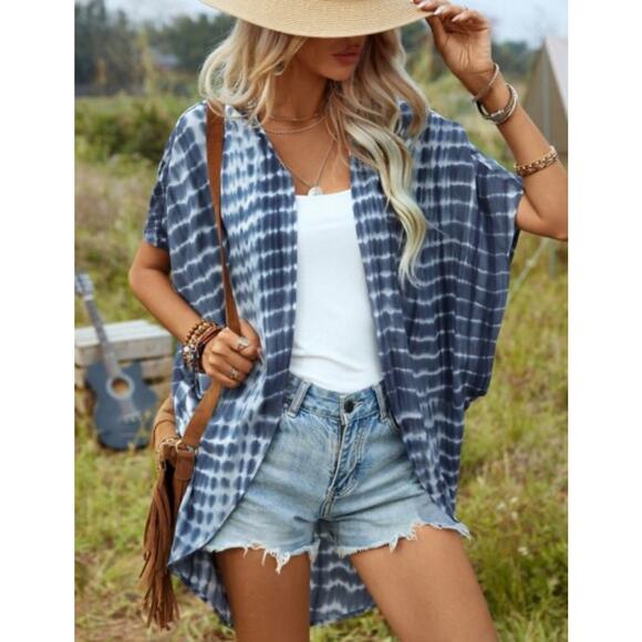 Emory Park Blue Tie Dye Kimono Beach Cover up SZ XL Summer Boho Vacation Resort - Picture 1 of 5